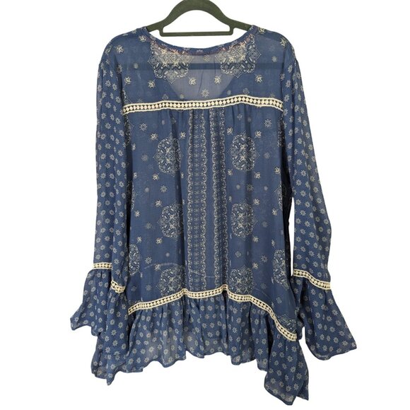 Hint of Mint Women Top Plus Size 18W Blue Sheer Paisley Bohemian Flowy Romantic - Picture 11 of 14